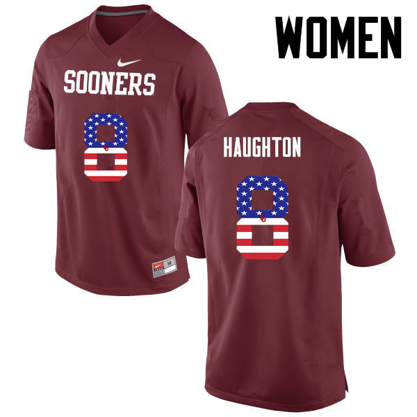 Women Oklahoma Sooners #8 Kahlil Haughton College Football USA Flag Fashion Jerseys-Crimson - Click Image to Close